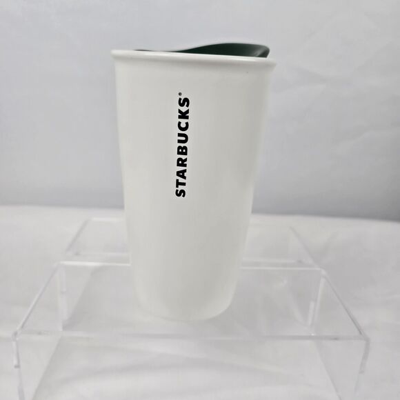 Starbucks 2014 Travel Mug Ceramic Lid White Strands Green Gold Circle Patch 12oz - Picture 6 of 9